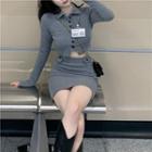 Long-sleeve Collared Button-up Knit Crop Top / Mini Fitted Skirt