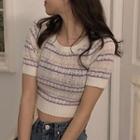 Short-sleeve Striped Cropped Knit Top As Shown In Figure - One Size
