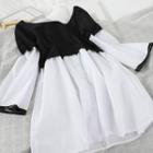 Long-sleeve Two Tone A-line Dress White - One Size
