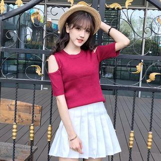 Cut Out Shoulder Elbow Sleeve Knit Top