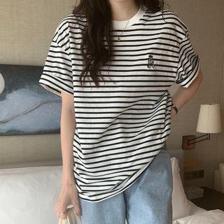 Short-sleeve Striped Bear Embroidered T-shirt