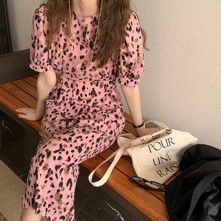 Short-sleeve Leopard Print Midi A-line Chiffon Dress