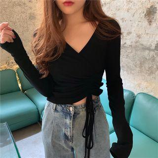 Long-sleeve V-neck Drawstring Top Black - One Size
