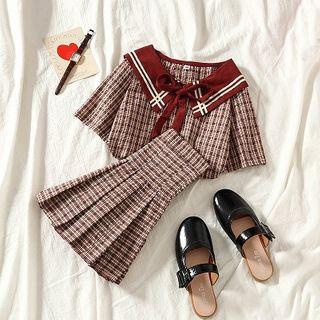 Set:color-block Plaid Short-sleeve T-shirt + High-waist Skirt
