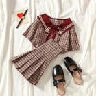 Set:color-block Plaid Short-sleeve T-shirt + High-waist Skirt