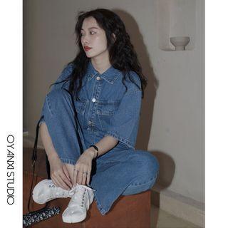 Short-sleeve Denim Cargo Jumpsuit