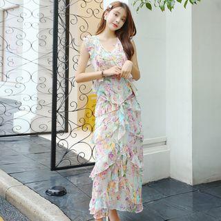 Flower Print Ruffle Sleeveless Maxi A-line Dress