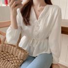 Long-sleeve Embroidered Trim Tie Waist Top