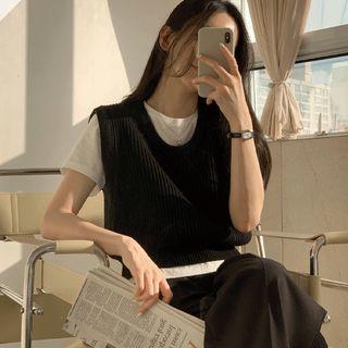 Ribbed Wool Blend Knit Vest Black - One Size