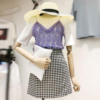 Crew-neck Short-sleeve T-shirt / Lace Camisole Top / Plaid A-line Skirt