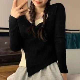 Mock Two-piece Irregular Cropped T-shirt Black & White - One Size