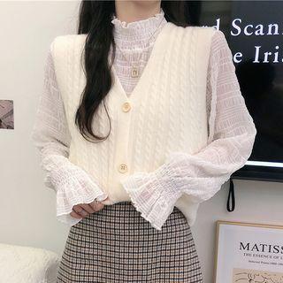 Shirred Chiffon Blouse / Knit Sweater Vest