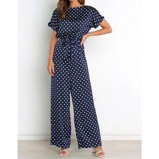 Dotted Short Sleeve Tie-front Jumpsuit