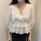 Elbow-sleeve Ruffled V-neck Blouse White - One Size