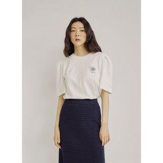 Puff-sleeve Flower Print T-shirt Black - One Size