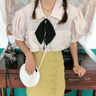 Plaid Ribbon-front Puff-sleeve Top / Button A-line Skirt
