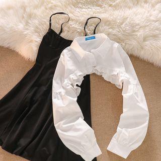 Spaghetti Strap A-line Dress / Ruffle Trim Crop Shirt