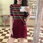 Set: Short-sleeve Striped Knit Top + A-line Mini Skirt
