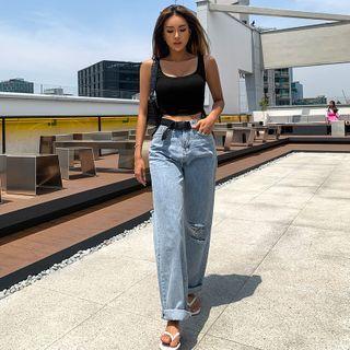 Buckled Ripped Wide-leg Jeans