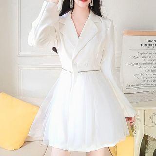 Long-sleeve Button Blazer Panel Mesh Dress