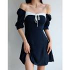 Puff-sleeve Off-shoulder Two-tone Dress