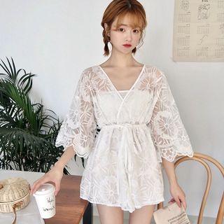 Elbow-sleeve Lace Playsuit White - One Size
