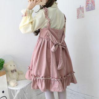 Pintuck Blouse / Ruffle Trim Pinafore Dress / Lace Headband