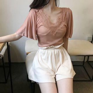 Lace Trim Elbow Sleeve Blouse / Wide Leg Shorts
