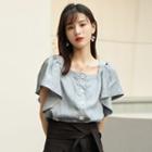 Short-sleeve Square-neck Button-up Blouse