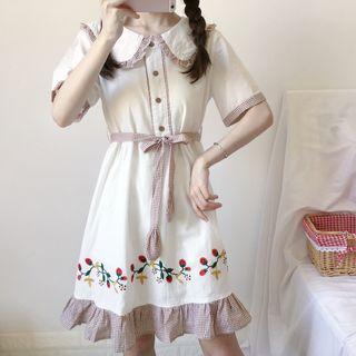 Ruffled Short-sleeve Plaid-trim Collared Dress