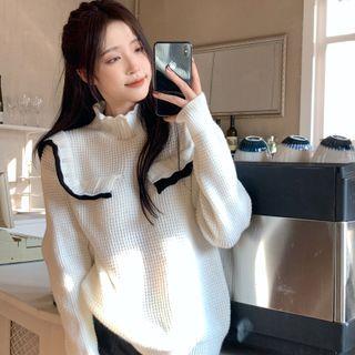 Long-sleeve Two-tone Ruffled Knit Top