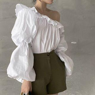 Diagonal Shoulder Plain Ruffle Trim Top White - One Size
