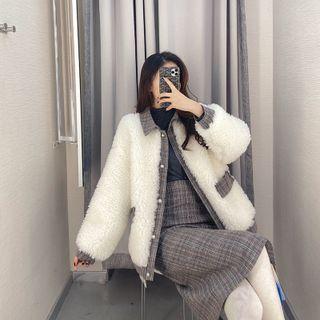 Fleece Panel Shirt Jacket / Plaid Midi A-line Skirt / Set