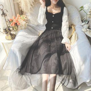 Bell-sleeve Two-tone Mesh Overlay Midi A-line Dress
