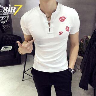 Split-neck Lips Print Short-sleeve T-shirt