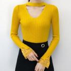 Long-sleeve Cutout Lace-panel Knit Top