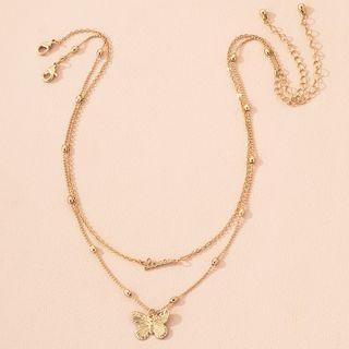 Butterfly Pendant Layered Choker Set - Gold - One Size