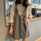 Set: Long-sleeve Striped Blouse + Wide-leg Jumper Shorts