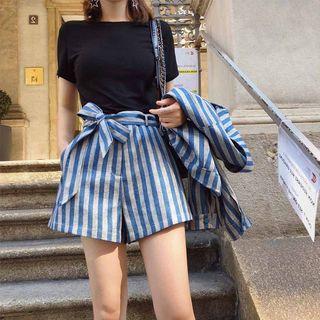 Set: Long Sleeve Striped Shirt + Wide Leg Shorts