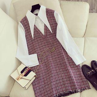 Mock Two Piece Tweed Panel Long-sleeve Knitted Dress