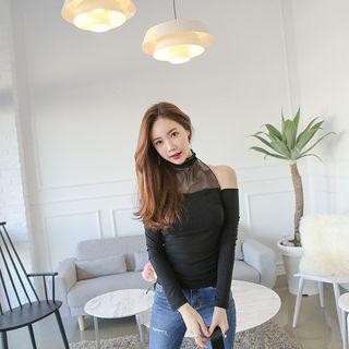 Halter-neck Lace-panel T-shirt