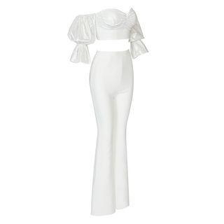 Set: Bell-sleeve Off-shoulder Top + Bootcut Pants