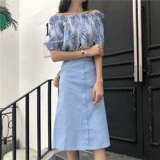 Set: Floral Print Off Shoulder Short Sleeve Blouse + Plain Midi Skirt