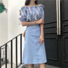 Set: Floral Print Off Shoulder Short Sleeve Blouse + Plain Midi Skirt