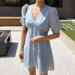 Puff Sleeve Floral Printed V-neck Mini Dress