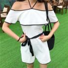 Frilled Short-sleeve Open Shoulder Playsuit