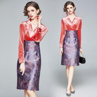 Long-sleeve Two Tone Floral Print Midi Dress