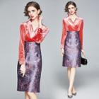 Long-sleeve Two Tone Floral Print Midi Dress