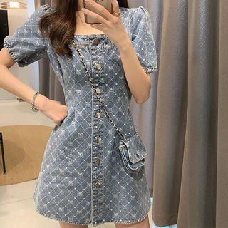 Short-sleeve Square-neck Washed Denim A-line Dress