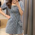 Short-sleeve Square-neck Washed Denim A-line Dress